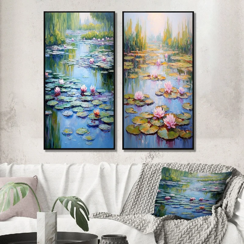 elegant crystal table lamp-Designart "Lake Serenity Blossoming Pink Water Lilies I" Lakehouse Wall Art Décor Gallery Wall Set For Home Decor