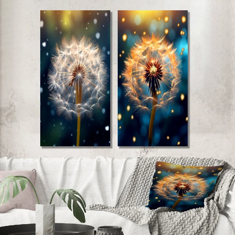 geometric glass candle holder-Designart "Magically Glowing Dandelion Flowers Seeds V" Dandelion Wall Art Set of 2 Traditional Wall Art For Home Decor