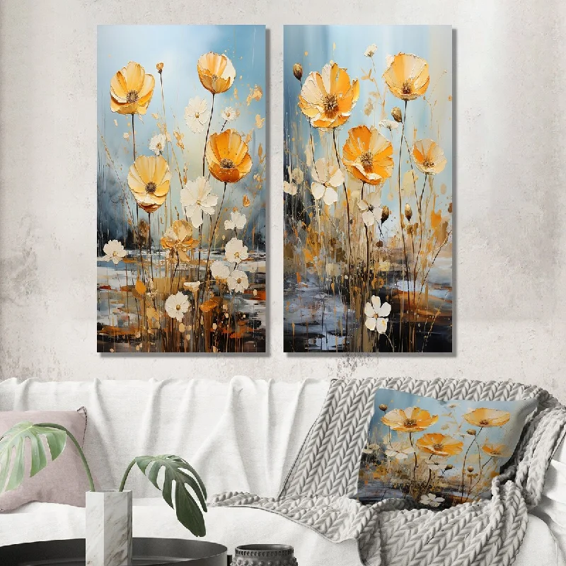 farmhouse jute rug-Designart "Meadow Blooming Yellow White Poppy Flowers IV" Poppies Wall Art Set of 2 - Traditional Wall Art For Bedroom