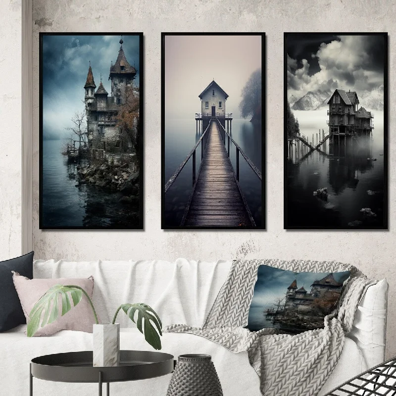 pastel ceramic aroma diffuser-Designart "Mysterious Castle By The Misty Lake" Lakehouse Framed Wall Art Set Of 3 - Lake House For Office Decor