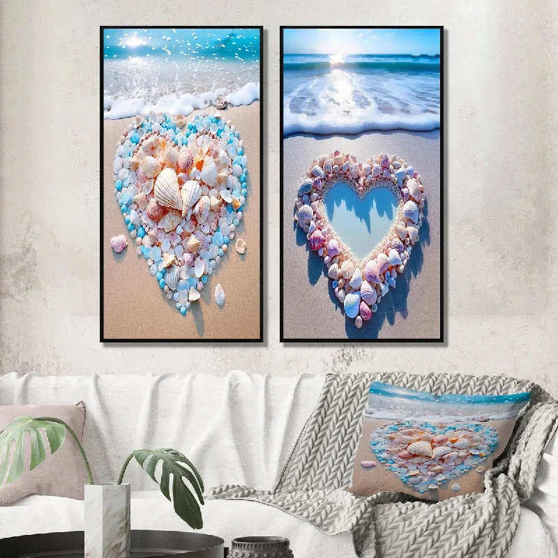 geometric brass sculpture-Designart "Pink And Turquoise Heart On The Beach" Beach Framed Wall Art Set Of 2 Canvas Set For Living Room Decor