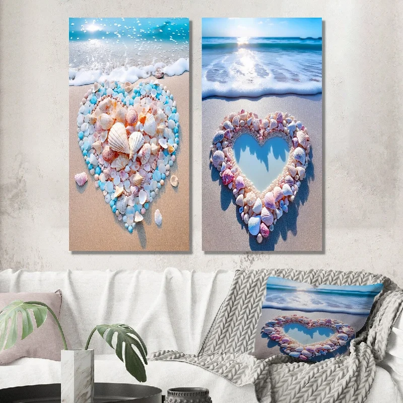 elegant crystal clock-Designart "Pink And Turquoise Heart On The Beach" Beach Wall Art Set of 2 - Coastal For Living Room Decor