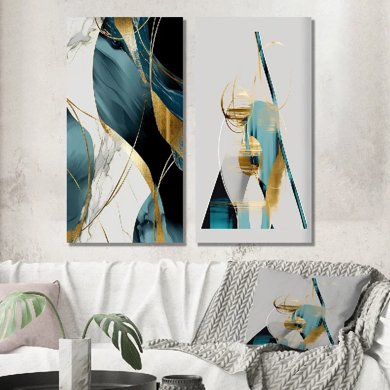 minimalist white lamp-Designart "Pirouette In Turquoise Retro Minimalism IX" Modern Wall Art Set of 2 - Modern For Living Room Decor