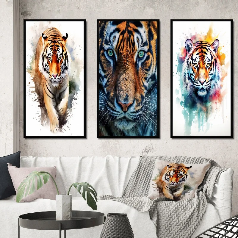 artisan woven rug-Designart "Portrait Of Tiger Watercolor I" Animals Tiger Framed Wall Art Set Of 3 - Children's Art For Office Decor