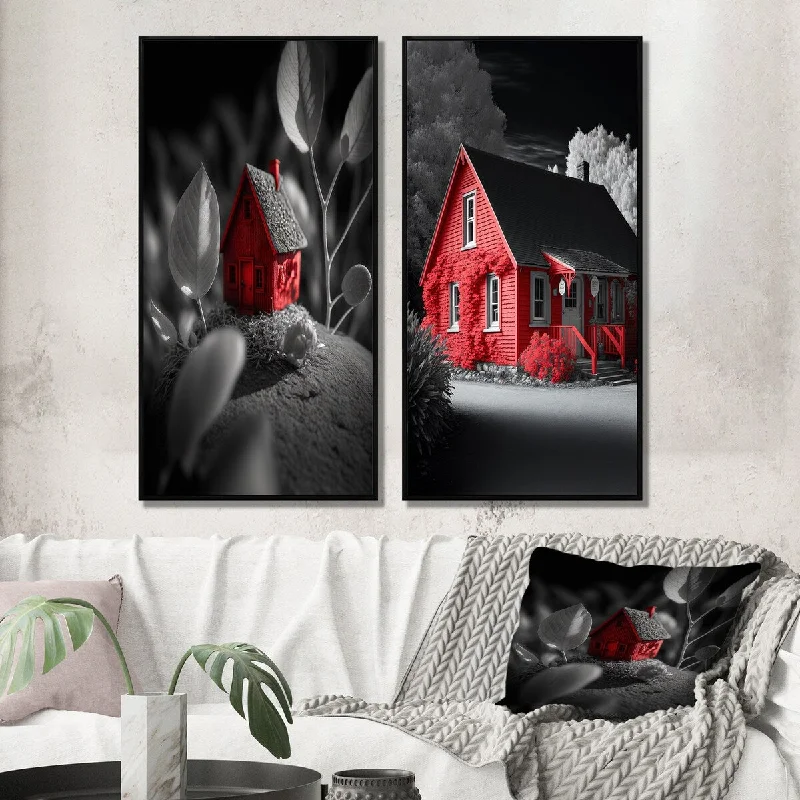 artisan glass flower vase-Designart "Red Cottage In The Countryside II" Lake House Cottage Framed Wall Art Set Of 2 Gallery Set For Office Decor