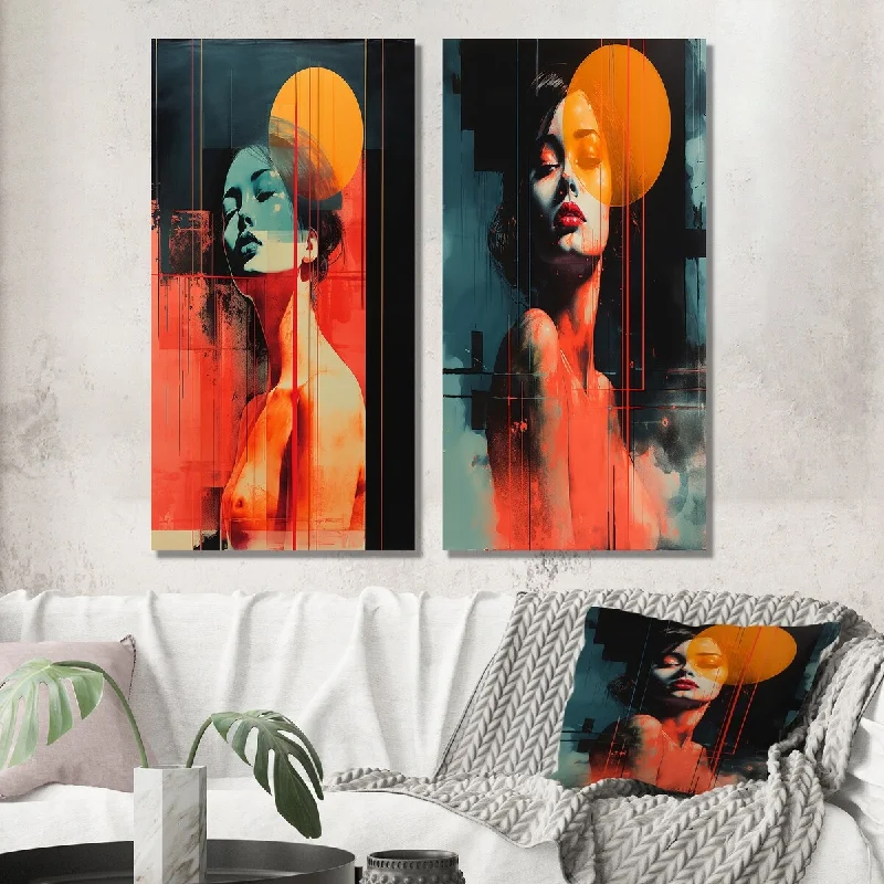 minimalist white lamp-Designart "Retro Full Moon Aphrodisia Sensual Portrait VI" Woman Wall Art Set of 2 - Glam For Living Room Decor