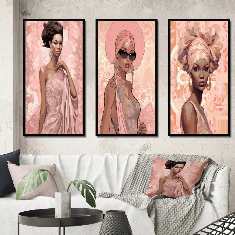 retro steel candle holder-Designart "Retro Glam Fashion African American Beauty IV" African American Woman Frame Gallery Set Of 3 For Office Decor