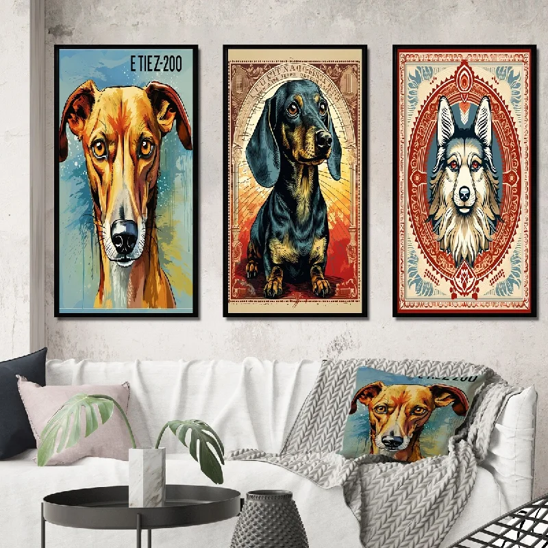 farmhouse wooden vase-Designart "Retro Illustration Of Courteous Dog I" Animals Dog Framed Wall Art Set Of 3 - Children's Art For Office Decor