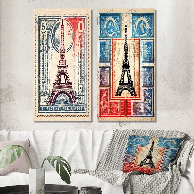 quirky fish figurine-Designart "Retro Stamp Illustration Paris Eiffel Tower I" City Wall Art Set of 2 - Traditional For Living Room Decor