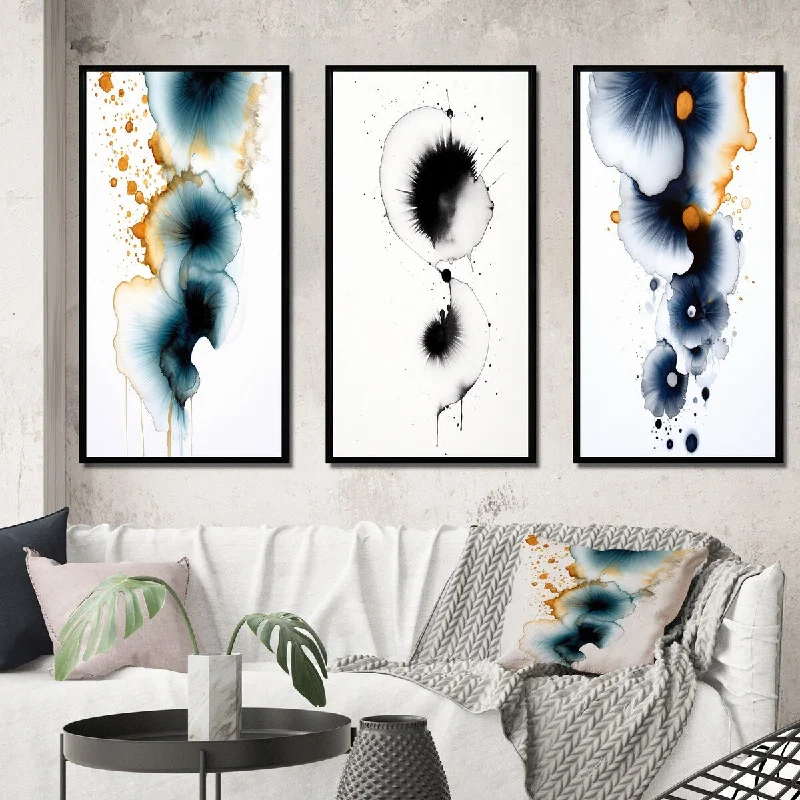 vintage brass wall art-Designart "Rhapsody In Heartbeat Turquoise Gold Ink Cloud II" Abstract Painting Framed Wall Set Of 3 For Home Decor