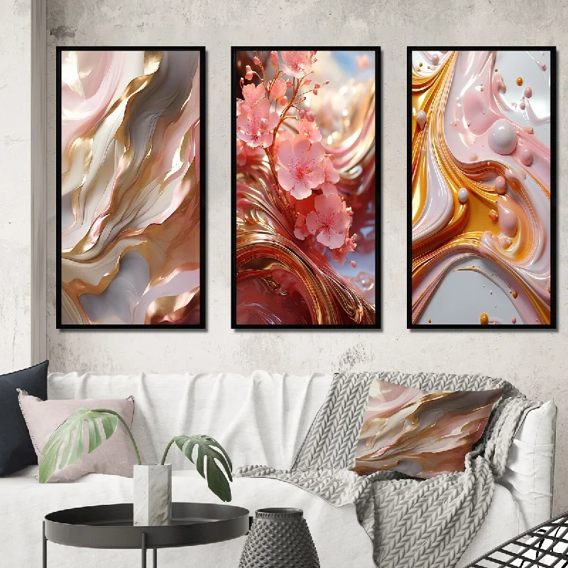 bohemian tassel blanket-Designart "Subtle Serenity Liquid Art Gold Waves I" Abstract Shapes Frame Gallery Wall Set Of 3 For Home Decor