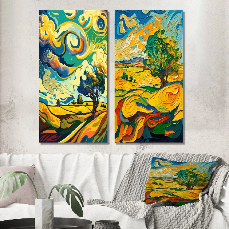 industrial metal tray-Designart "Swirling Painting Of Vibrant Tree In Countryside I" Meadow Wall Set of 2 - Traditional Wall Art For Bedroom