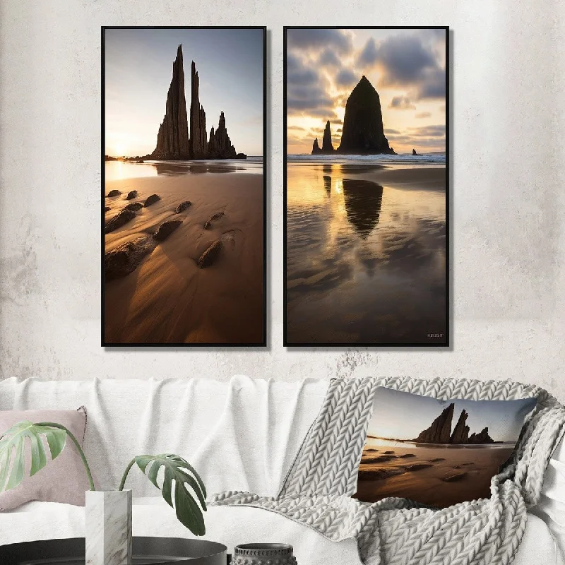 pastel glass candle stand-Designart "Tall Rocks Sculpted By The Time Sunset Beach I" Beach & Ocean Framed Wall Art Set Of 2 Wall Art Set Of 2