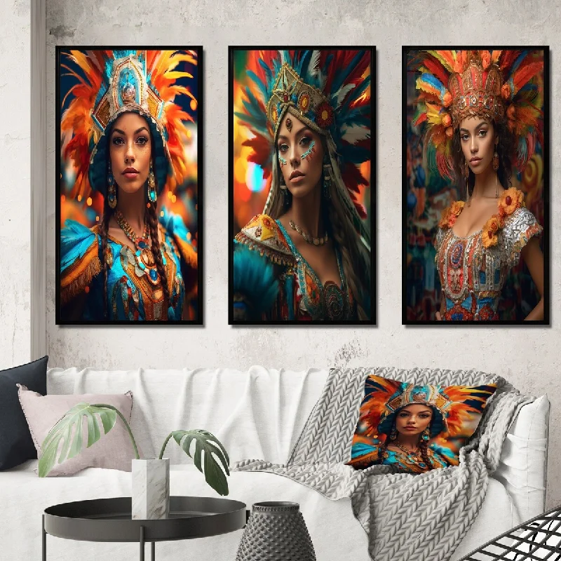 elegant crystal sconce-Designart "Traditional Native Brazilian Goddess II" Fashion Woman Framed Wall Art Set Of 3 - Glam For Office Decor