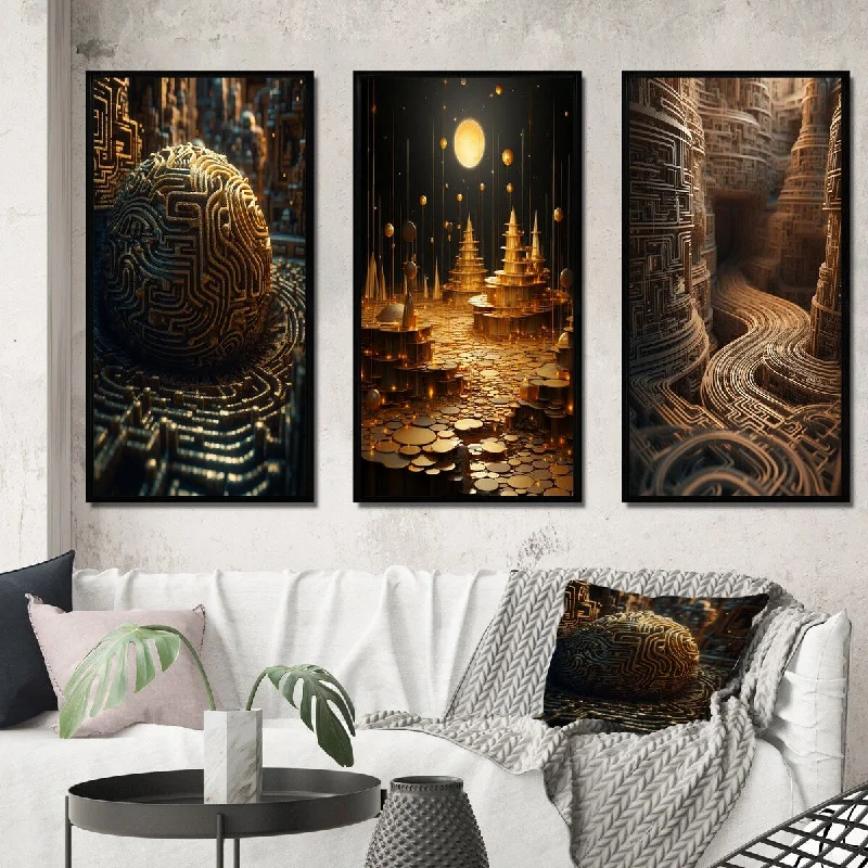 sleek glass pendant light-Designart "Unravelling The Gold Labyrinth Mystery III" Abstract Landscape Frame Gallery Set Of 3 For Office Decor