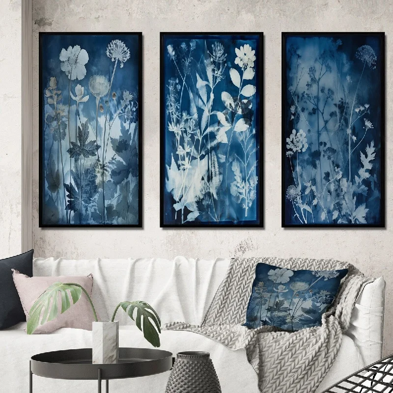 colorful floral cushion-Designart "Vintage Botanical Wildflowers In Faded Blue V" Abstract Botanicals Frame Gallery Wall Set Of 3 For Home Decor