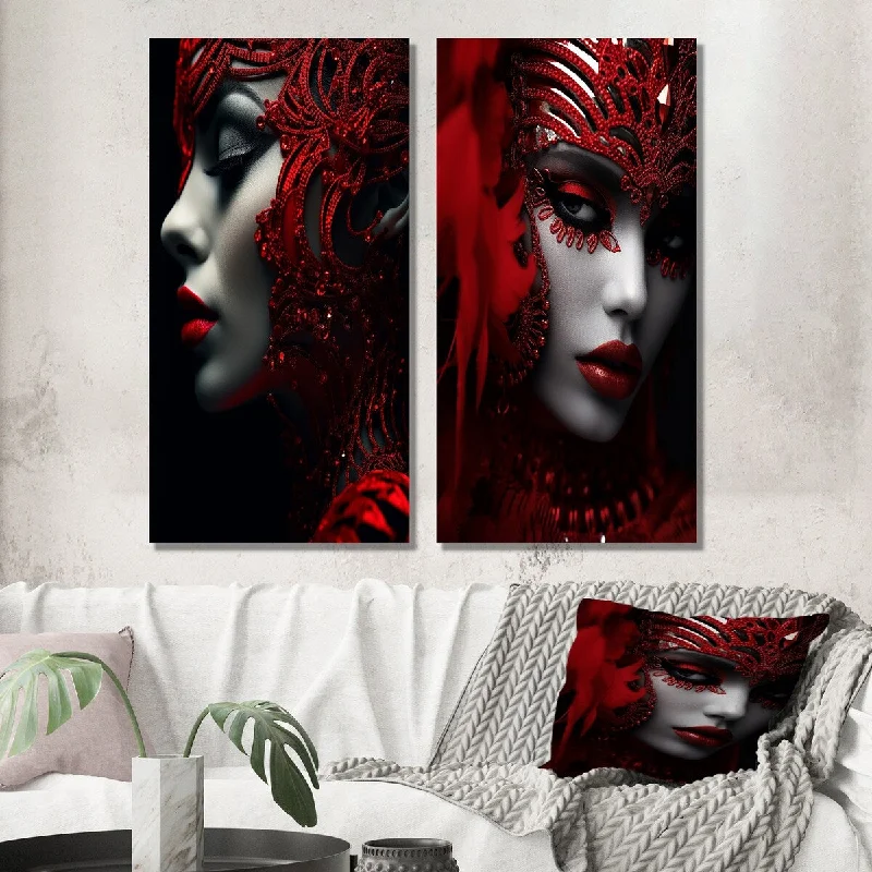 modern arched wall mirror-Designart "Vintage Glam Mysterious Scarlet Beauty Lady" Fashion Woman Wall Art Set of 2 - Glam For Office Decor