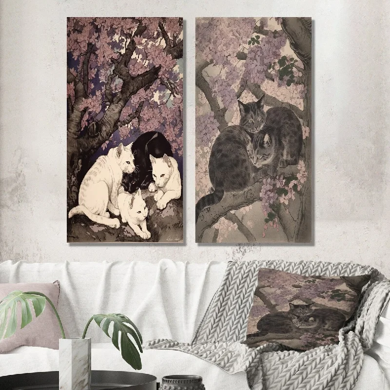 pastel glass flower vase-Designart "White Cats And Black Cat Sleeping Under Tree" Animal Wall Art Set of 2 - Children's Art For Living Room Decor