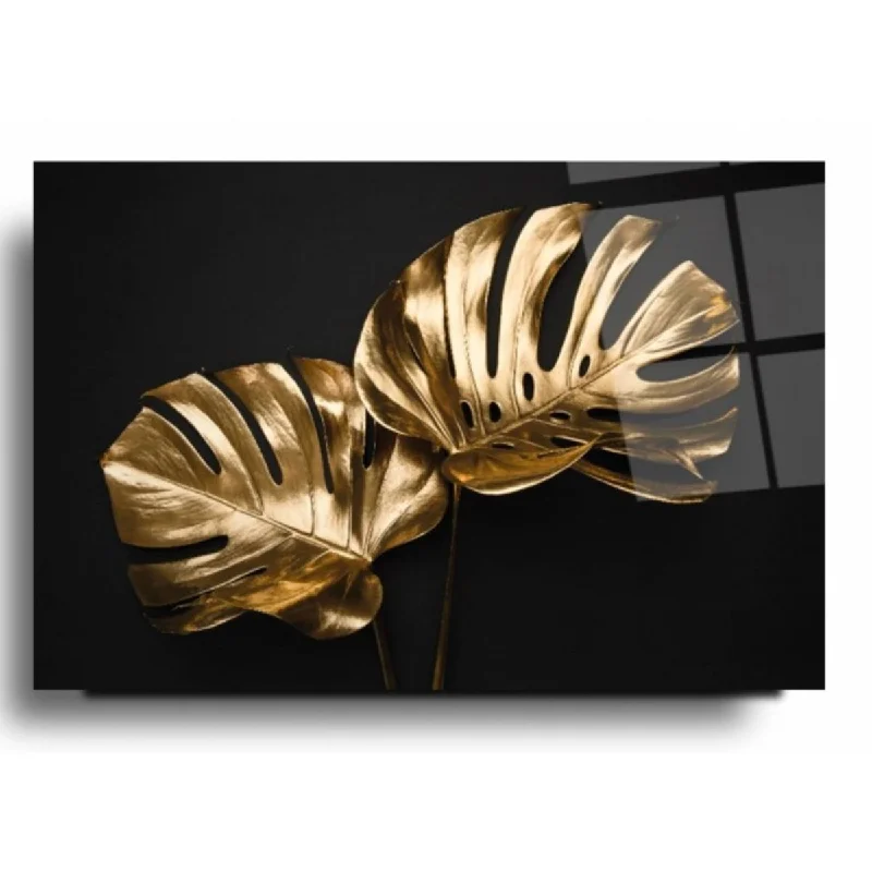 luxury marble planter-Golden Leaf Glass Wall Art