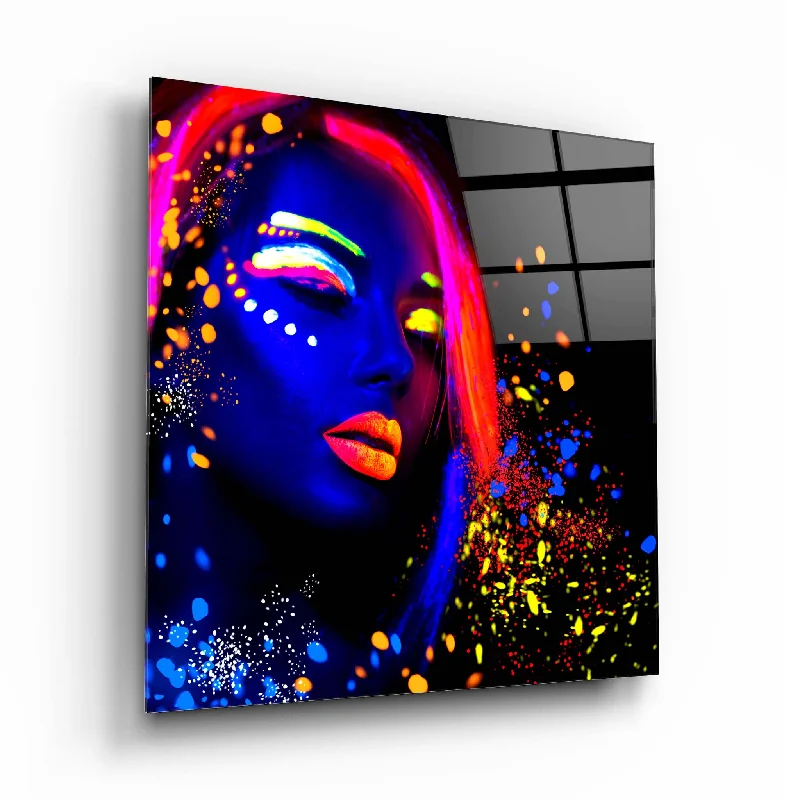 bohemian beaded curtain-Neon Woman Glass Wall Art