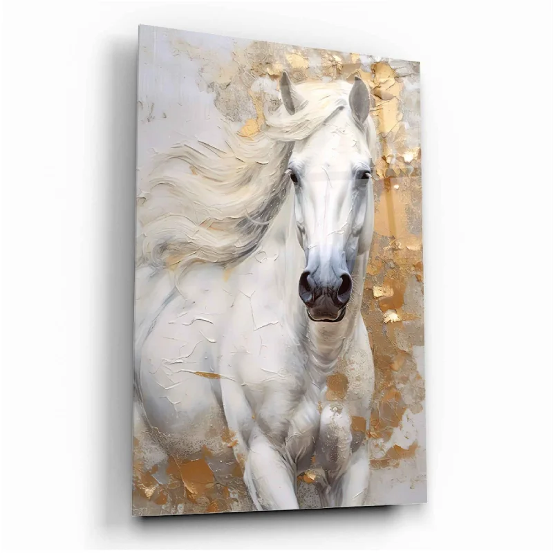 boho fringe curtain-White Horse Glass Wall Art