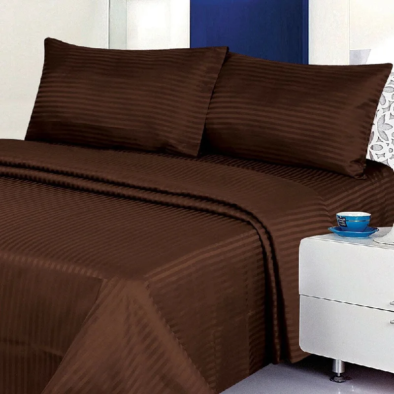 breathable silk bed set-1800 Count Deluxe 4-Piece Stripe Deep Pocket Full Bed Sheet Brown