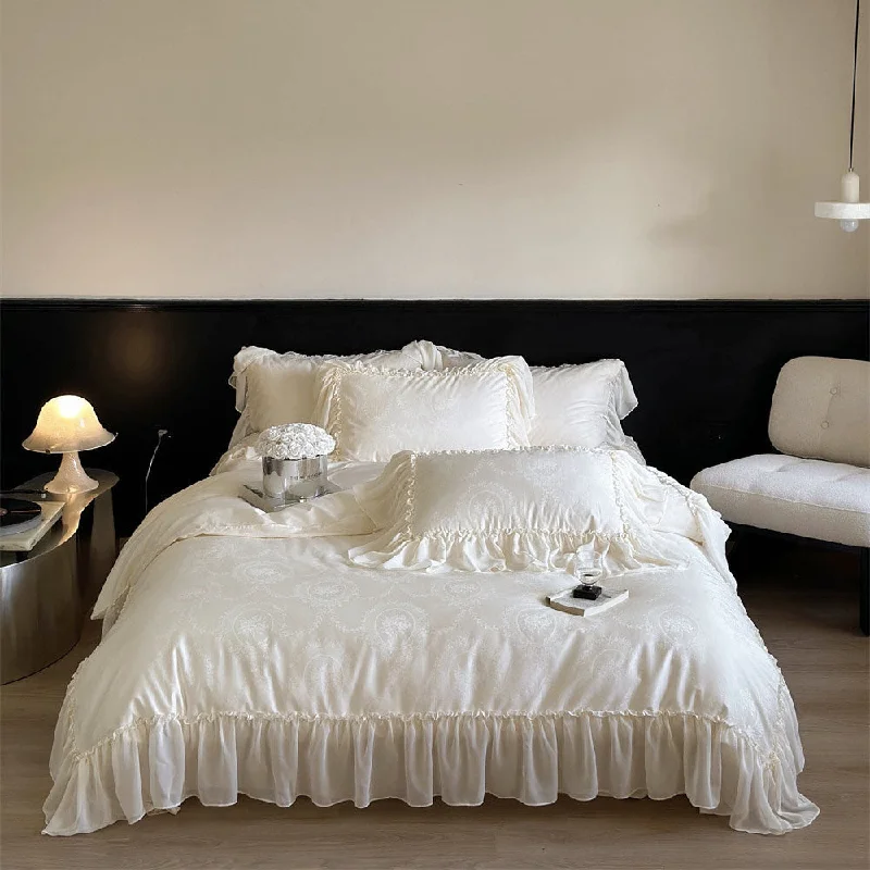 breathable silk bedspread-Airy Silky Floral Lace Bedding Set