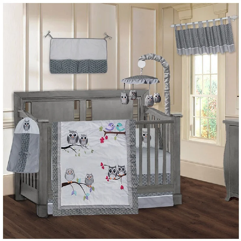 hypoallergenic percale sheets-BabyFad Owl Grey 9 Piece Crib Bedding Set