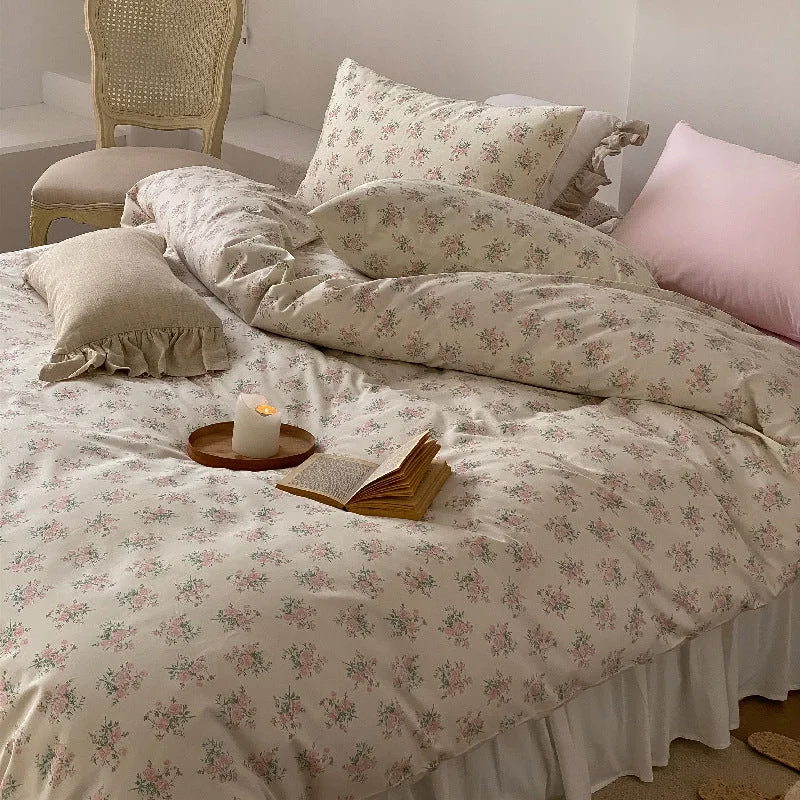 soft silk duvet-Blossom Floral Bedding Set / Cream Pink