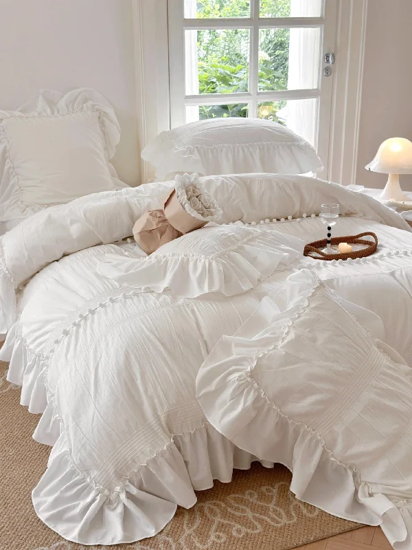 lightweight cotton duvet-Bubble Washed Cotton Ruffle Bedding Set / White