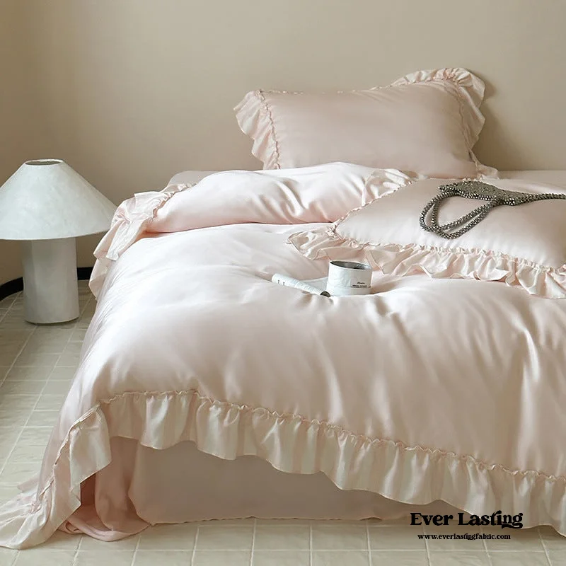 breathable cotton pillowcase-Dreamy Silky Ruffle Tencel Bedding Set / Pink