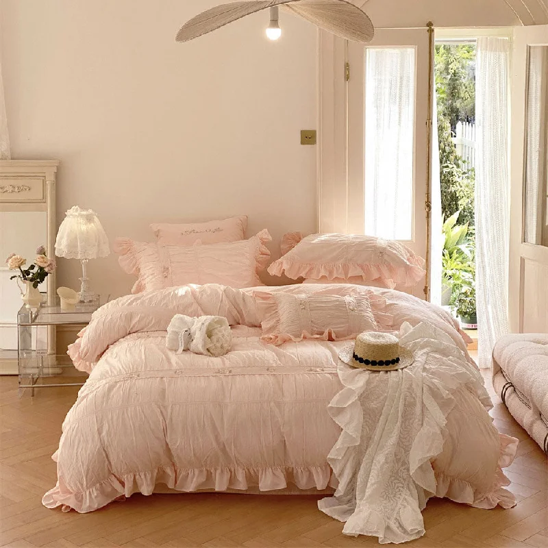 soft flannel duvet cover-Embroidered Lace Ruffle Bedding Set / Pink