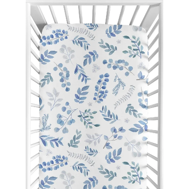 breathable jersey comforter-Floral Leaf Collection Boy or Girl Fitted Crib Sheet - Blue Grey White Boho Watercolor Botanical Flower Woodland Tropical Garden