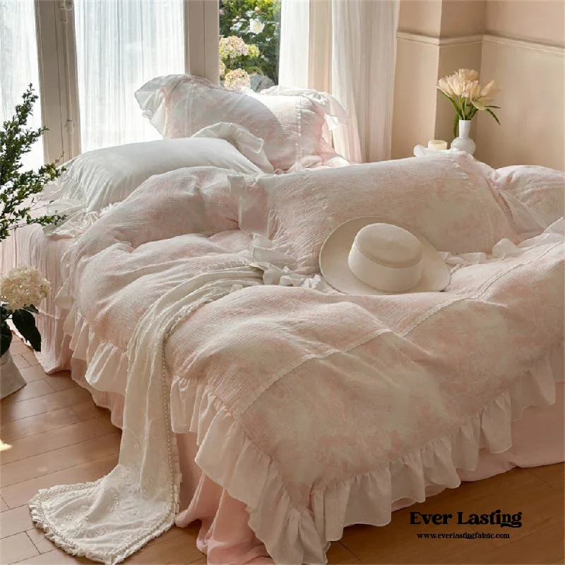 minimalist white duvet cover-French Pink White Floral Ruffle Bedding Set