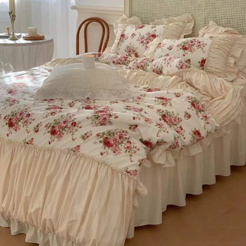 cozy bamboo duvet-French Floral Ruffle Bedding Set / Rosé Pink