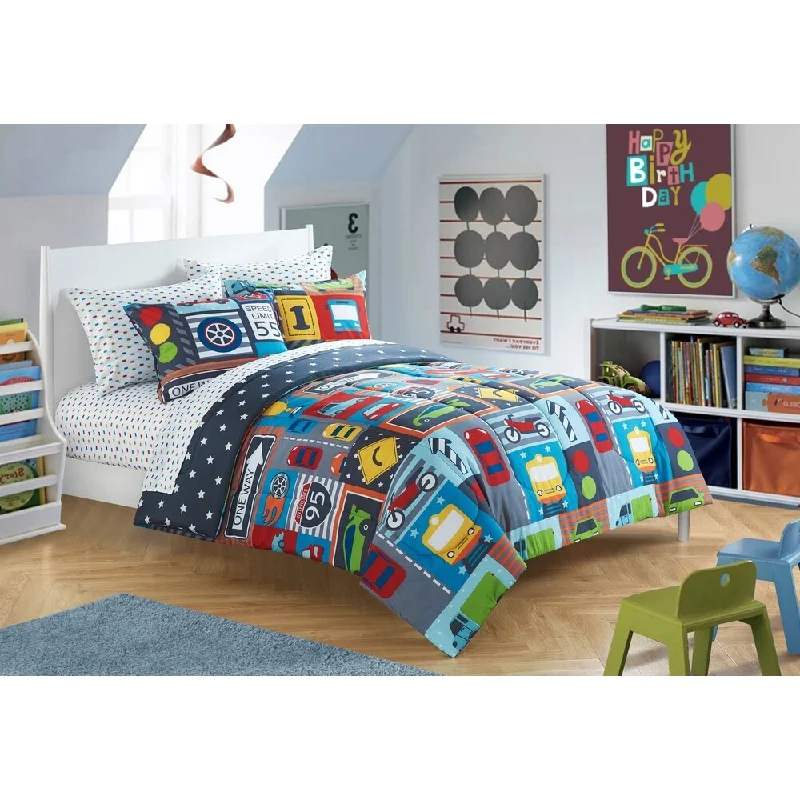 modern checkered throw-Heritage Kids Busy Cars Toddler 4-piece Bed in a Bag with Sheet Set