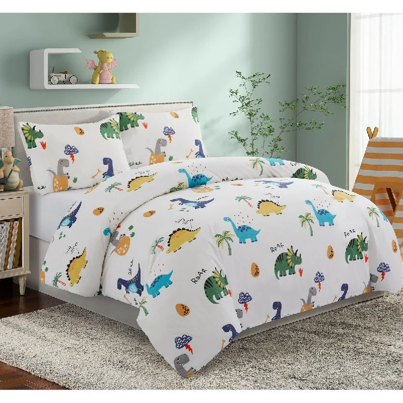 cooling bamboo bed topper-Kids Boys Printed 600 Thread Count Cotton Blend Percale Duvet Cover Fitted Sheet Ensemble Bedding Set, Dinosaur Zoo Dino