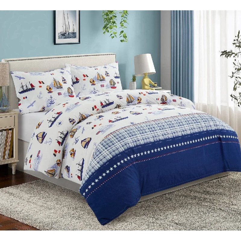 colorful checkered bedspread-Kids Boys Printed 600 Thread Count Cotton Blend Percale Duvet Cover Fitted Sheet Ensemble Bedding Set, Nautical Sailing Boat