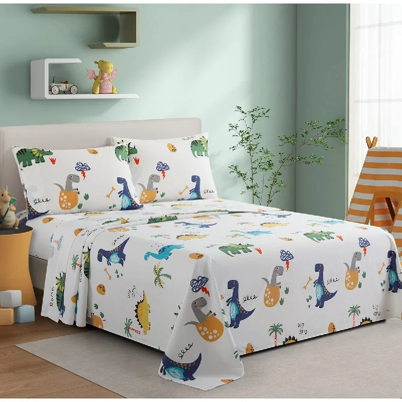 modern striped pillow-Kids Boys Printed 600 Thread Count Deep Pocket Cotton Blend Percale All Season Bedding Sheet Set, Cartoon Dinosaur Zoo Dino