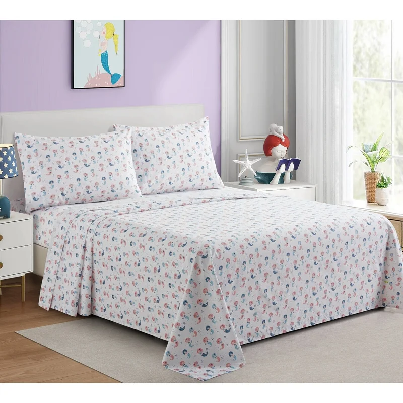 organic flannel blanket-Kids Girls Printed 600 Thread Count Soft Deep Pocket Cotton Blend Percale All Season Bedding Sheet Set, Cartoon Mermaid