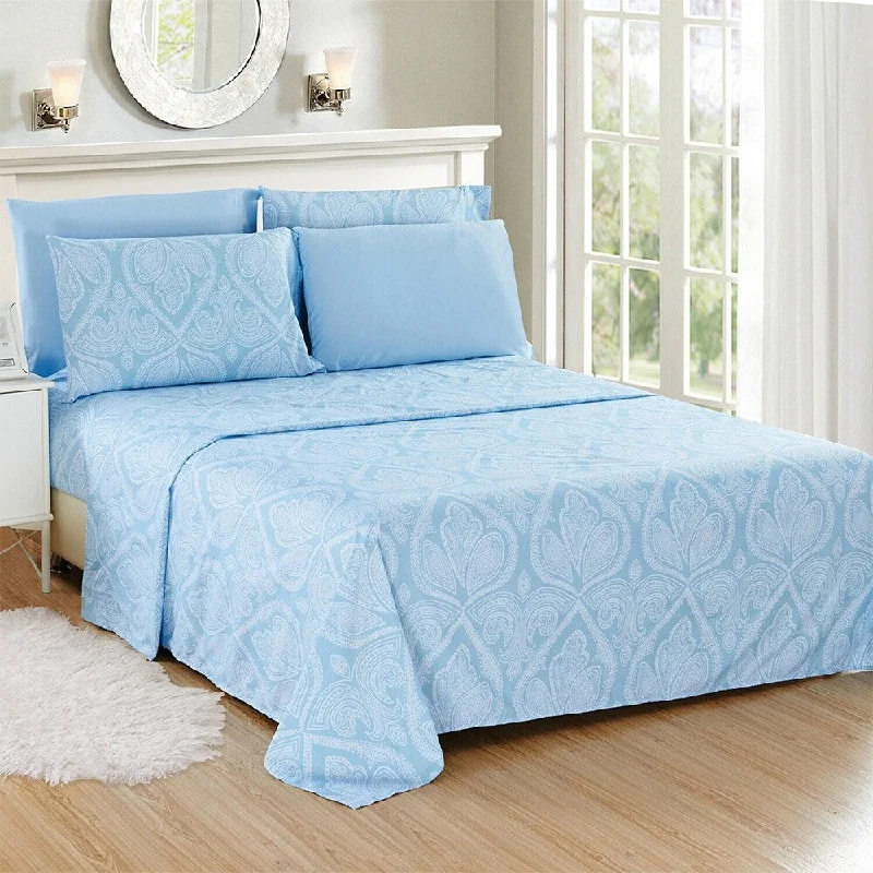 cooling microfiber mattress pad-Luxury 6 Piece Bed Sheet Set 1800 Count Paisley Full Blue