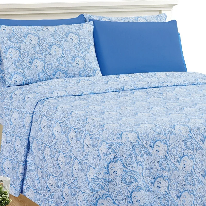 lightweight cotton duvet-Luxury 6 Piece Bed Sheet Set 1800 Count Paisley King White Blue