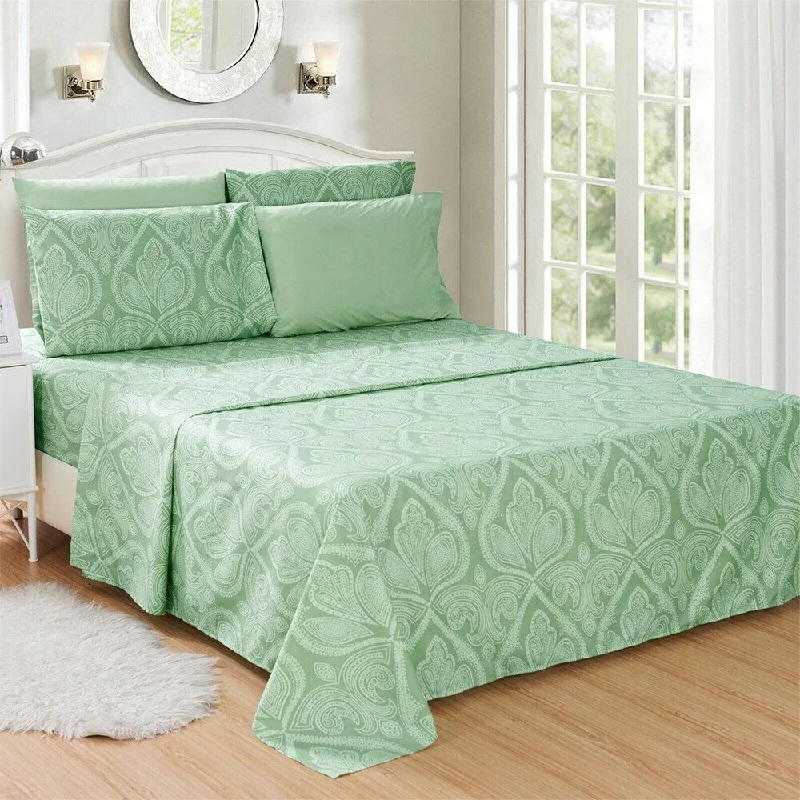 cooling linen bed topper-Luxury 6 Piece Bed Sheet Set 1800 Count Paisley Queen Sage