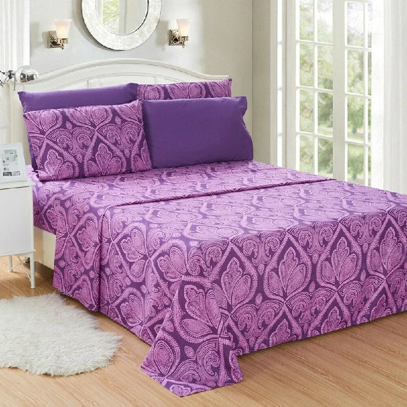 organic sateen sheets-Luxury 6 Piece Bed Sheet Set 1800 Count Paisley Twin XL Purple