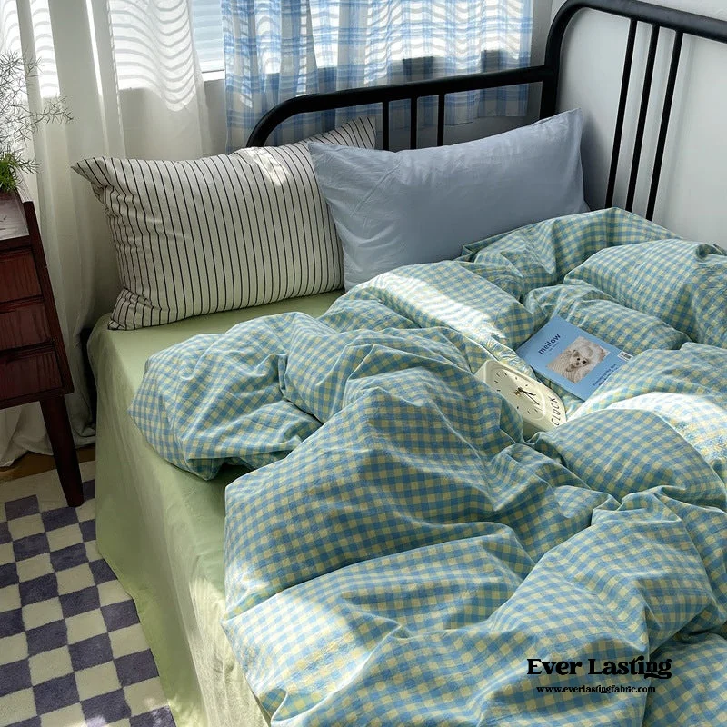 cozy silk quilt-Mixed Gingham Striped Bedding Set / Blue Yellow