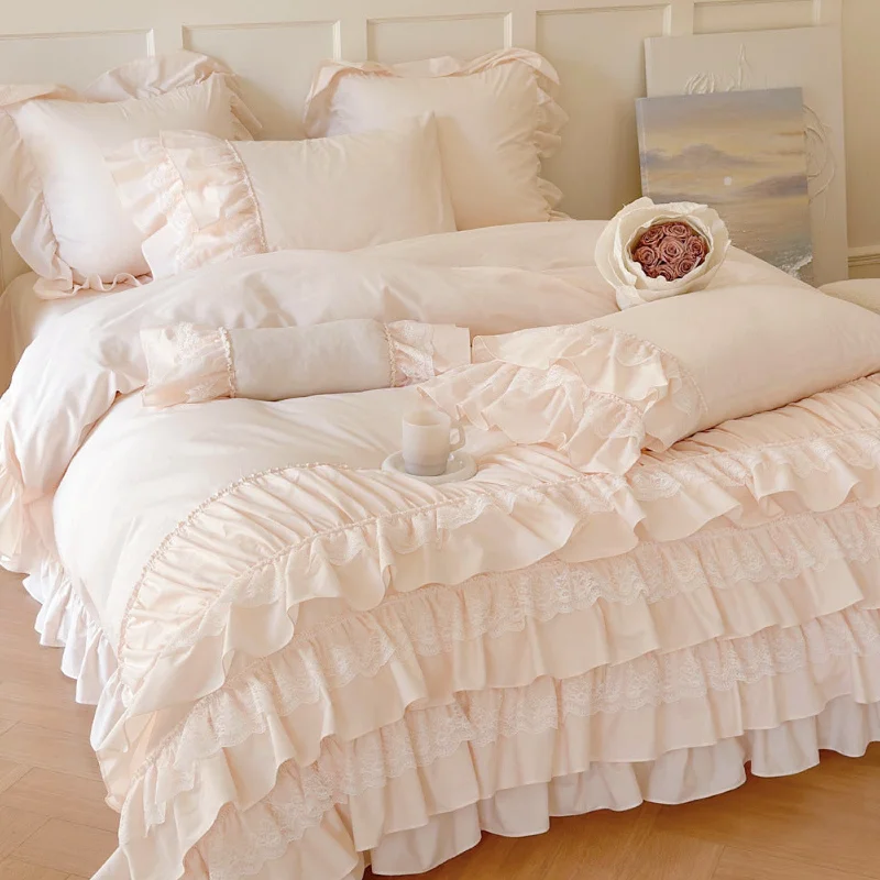 cooling jersey comforter-Princess Ruffle Lace Washed Cotton Bedding Set / Pink