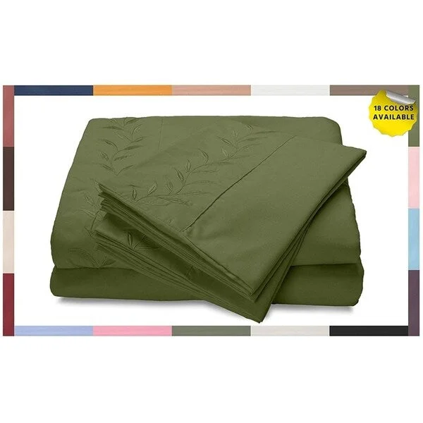 plush cotton blanket-Reversifi Embroidered Bed Sheets Set Soft Brushed Microfiber Full, Callisto Green