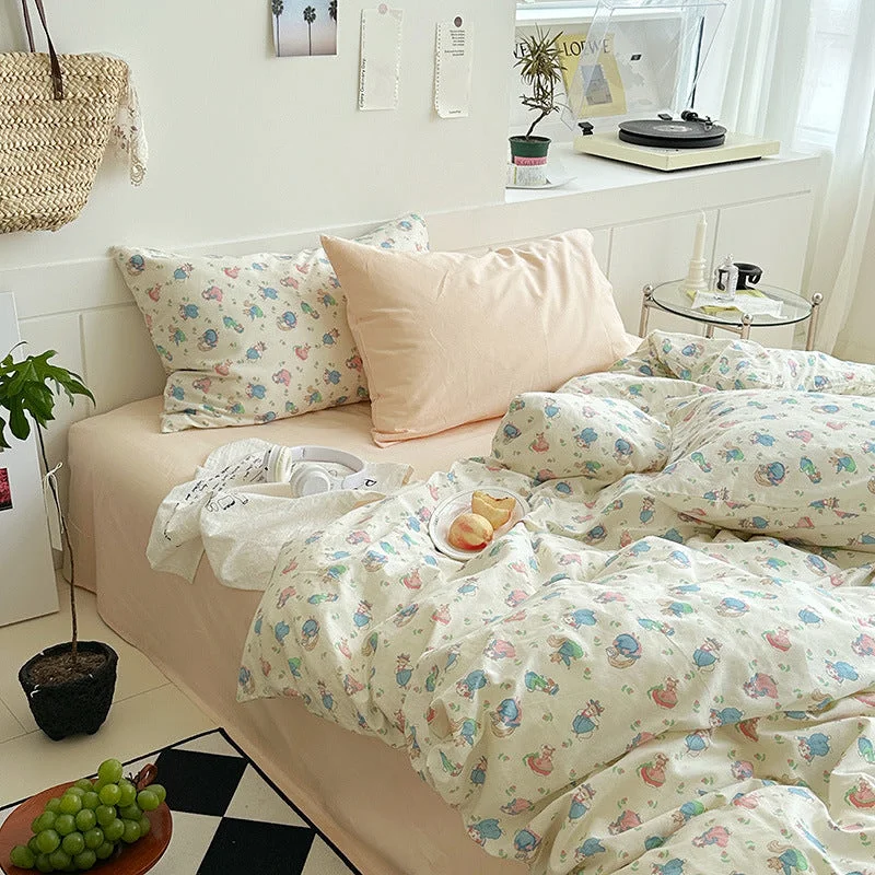 hand-stitched cotton pillowcase-Sweet Floral Bedding Set / Cream