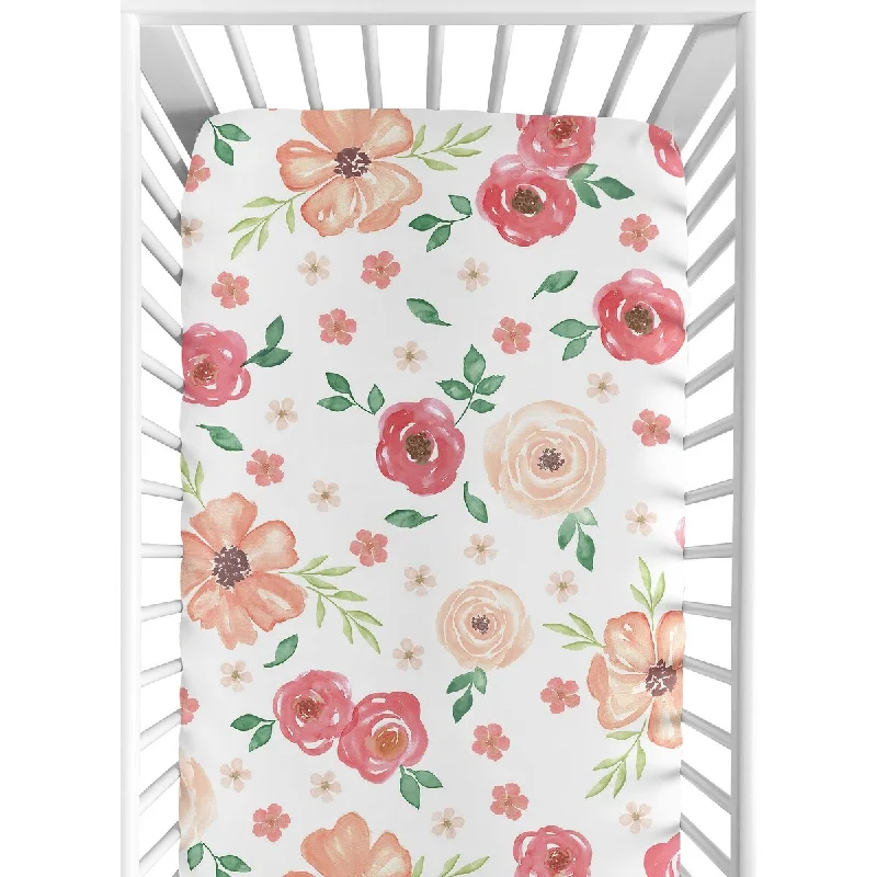 cooling linen bed topper-Sweet Jojo Designs Peach and Green Watercolor Floral Collection Fitted Crib Sheet