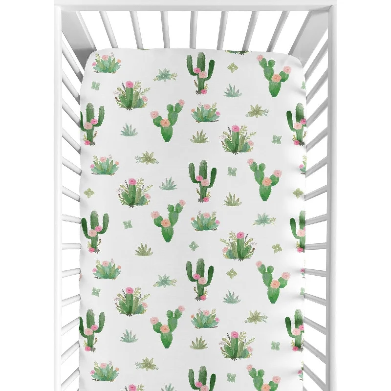 silky cotton duvet cover-Sweet Jojo Designs Pink Green Boho Watercolor Cactus Floral Collection Fitted Crib Sheet